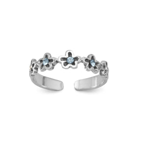 Oxidized Toe Ring with Blue Crystal Flowers
