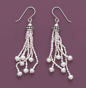 Oxidized French Wire Earrings with 7 Strand Cultured Freshwater Rice Pearl Drops