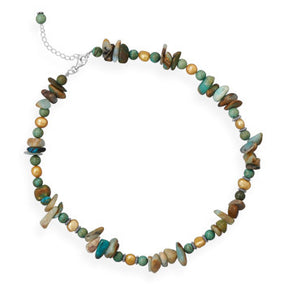 16.5" + 2" Opal, Reconstituted Turquoise and Cultured Freshwater Pearl Necklace