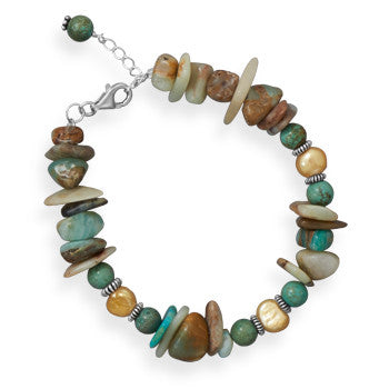 7.5" + 1" Opal, Reconstituted Turquoise and Cultured Freshwater Pearl Bracelet