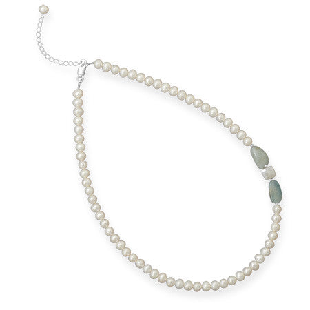 16.5" + 2" Cultured Freshwater Pearl and Aquamarine Necklace