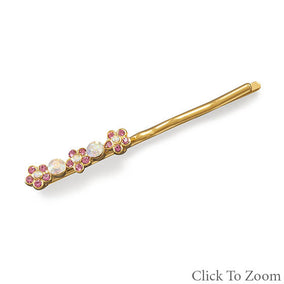 14 Karat Gold Plated Fashion Bobby Pin with Pink Crystal Flowers