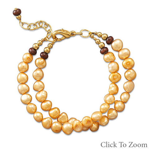 Double Strand Bracelet with Cultured Freshwater Pearls, Wood, and Gold Tone Beads