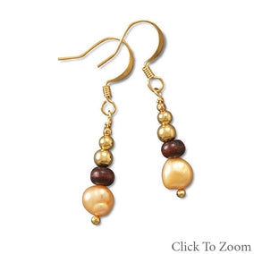 Fashion Drop Earring with Cultured Freshwater Pearls, Wood, and Gold Tone Beads