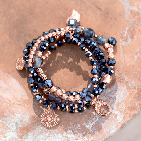 Set of 5 Copper Tone Multicharm Fashion Stretch Bracelets