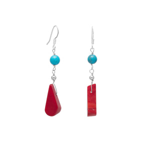 Reconstituted Turquoise and Red Coral Drop Fashion French Wire Earrings