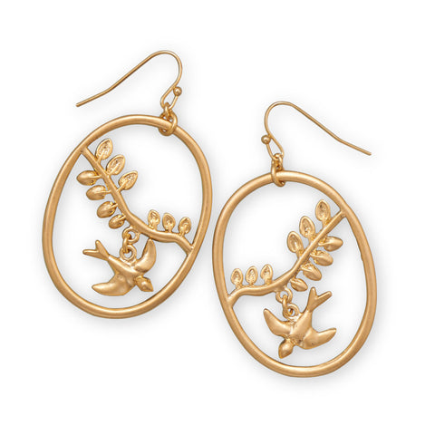 Brass Tree Branch Earrings with Dangling Bird Charms
