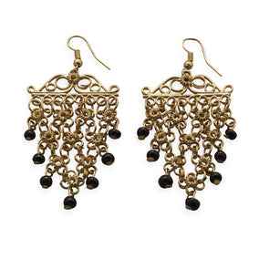 Gold Tone Flower Design Fashion Earrings with Black Bead Drops