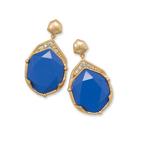 Ornate Gold Tone Fashion Earrings with Blue Acrylic