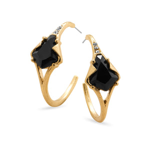 Gold Tone 3/4 Hoop Fashion Earrings with Black Acrylic and Crystal