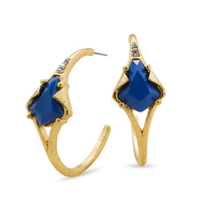Gold Tone 3/4 Hoop Fashion Earrings with Blue Acrylic and Crystal