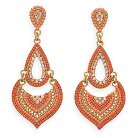 Gold Tone Fashion Earrings with Orange Beads and Crystal