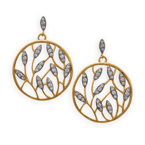 Leaf Design Gold Plated Brass and CZ Drop Earrings