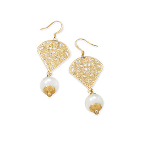 Gold Tone Fan Fashion Earrings with Glass Pearls