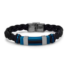 8.5" Black Leather Bracelet with Polished and Blue Matte Stainless Steel Accents