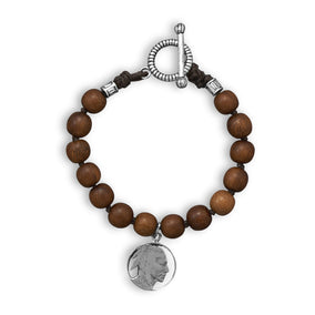 9" Wood Bead Men's Bracelet with Indian Chief Charm