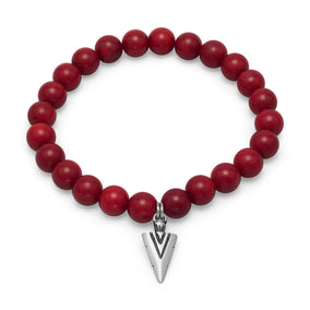 8" Red Coral Stretch Bracelet with Pewter Arrow Charm