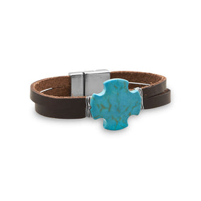 7" Brown Leather Fashion Bracelet with Blue Magnesite Cross