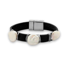 7" Black Leather Fashion Bracelet with Cultured Freshwater Coin Pearls
