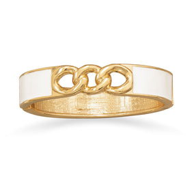Gold Tone Link Fashion Bangle Bracelet with White Enamel