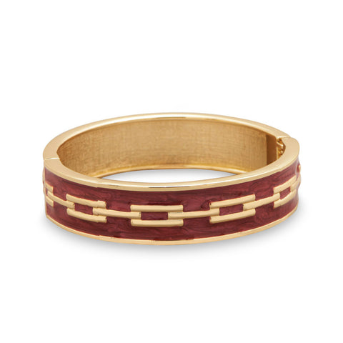 Red Enamel Fashion Bangle Bracelet with Gold Tone Link Design