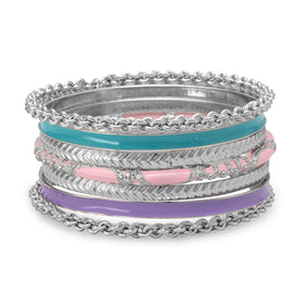Set of 7 Silver Tone Fashion Bangle Bracelets with Blue, Pink and Purple Enamel