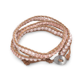Leather Fashion Wrap Bracelet with Pink Crystal and Glass Pearls