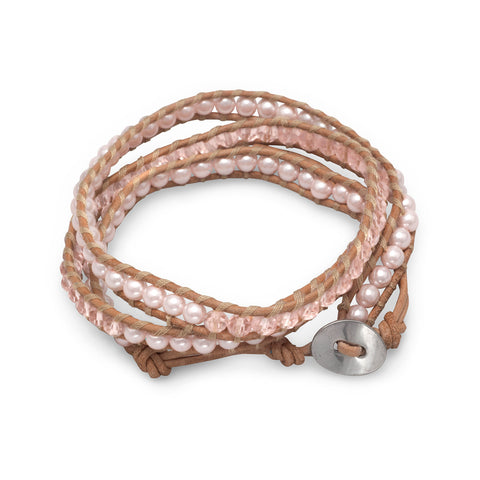 Leather Fashion Wrap Bracelet with Pink Crystal and Glass Pearls