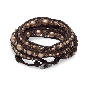 Leather Fashion Wrap Bracelet with Brown Crystal and Glass Pearls