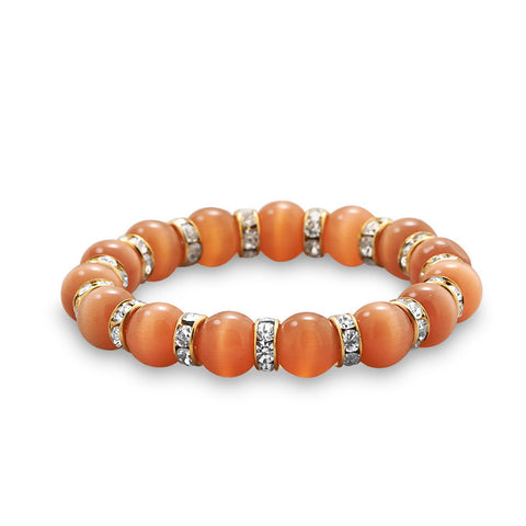Orange Fiber Optic Glass Bead and Crystal Fashion Stretch Bracelet