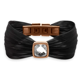 7.5" Black Tone and Rose Gold Plated Stainless Steel Mesh Bracelet with Faceted Glass