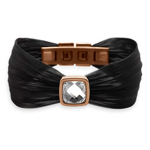 7.5" Black Tone and Rose Gold Plated Stainless Steel Mesh Bracelet with Faceted Glass