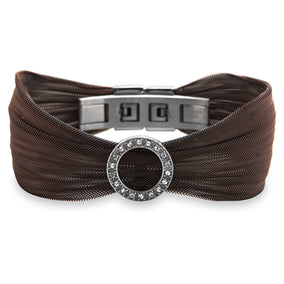Chocolate Tone Stainless Steel Mesh Bracelet with Open Crystal Circle
