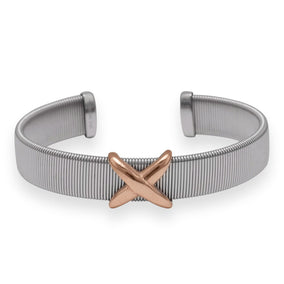Stainless Steel Cuff Bracelet with 14 Karat Rose Gold Plated "X" Design