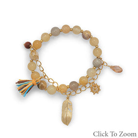 Agate Bead Fashion Bracelet with Gold Tone Chain and Charms