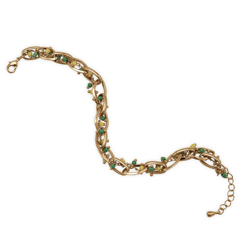7" + 1" 18K Gold Plated Copper Bracelet with Green and Yellow Beads