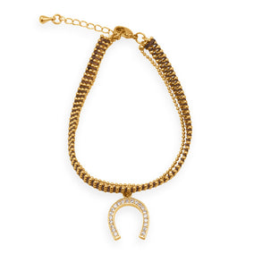 18K Gold Plated Copper Bracelet with Brown Thread and CZ Horseshoe