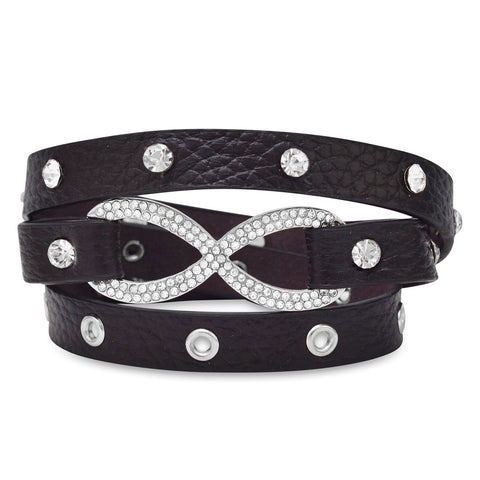 7" - 7.5" Brown Leather Fashion Wrap Bracelet with Silver Tone Crystal Infinity Symbol