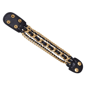 7" - 7.5" Black Leather Fashion Bracelet with Gold Tone Chain