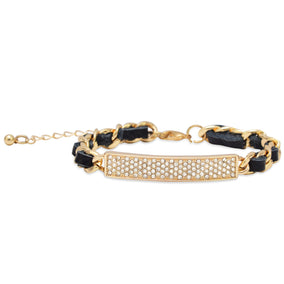 7" + 2" Thin Black Leather Fashion Bracelet with Gold Tone Chain