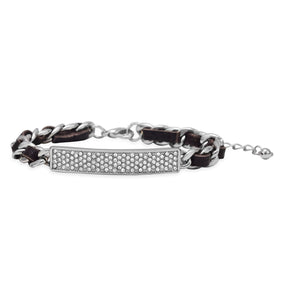 7" + 2" Thin Black Leather Fashion Bracelet with Silver Tone Chain