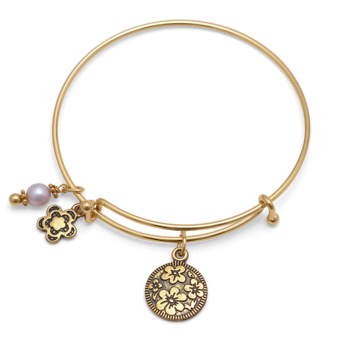 Expandable Gold Tone Flower Charm Fashion Bangle Bracelet