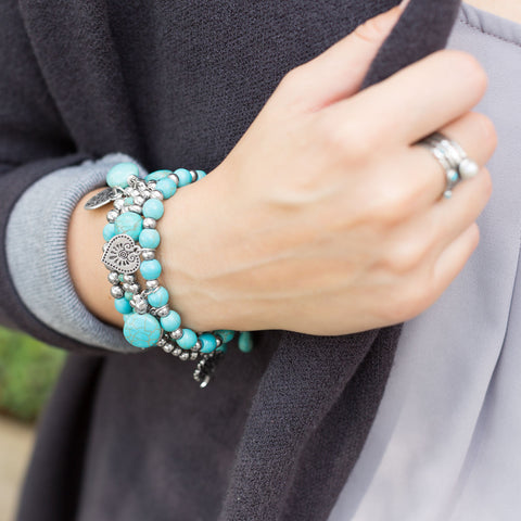 Set of 4 Silver Tone Multicharm Fashion Stretch Bracelets with Reconstituted Turquoise