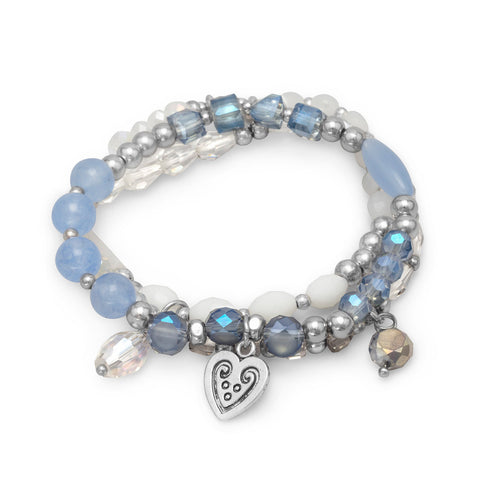 Set of 3 Fashion Stretch Bracelets with Blue and White Beads