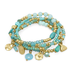 Set of 5 Gold Tone Fashion Stretch Bracelets with Aqua Beads