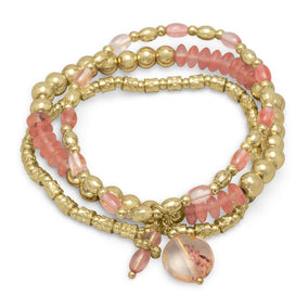 Set of 3 Gold Tone Fashion Stretch Bracelets with Cherry Quartz