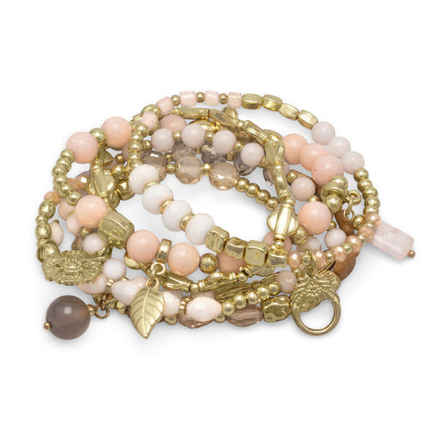Set of 6 Gold Tone Multicharm Fashion Stretch Bracelets with Pink Beads