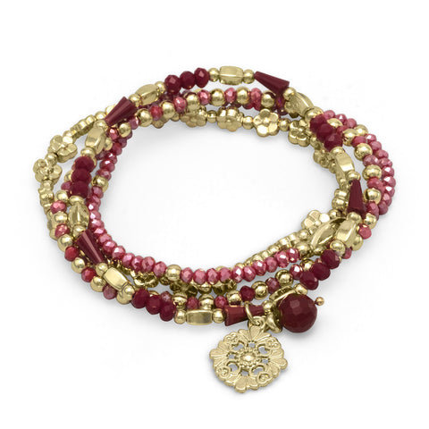 Set of 4 Gold Tone Fashion Stretch Bracelets with Red Crystal