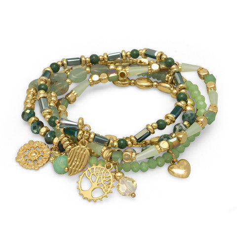 Set of 5 Gold Tone Fashion Stretch Bracelets with Green Stones