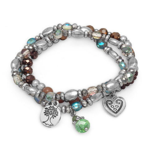 Set of 3 Silver Tone Multicharm Fashion Stretch Bracelets